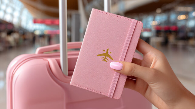 Pink passport cover held by hand with matching pink suitcase in blurred airport terminal background, evoking travel excitement - Powered by Adobe