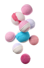 Different bath bombs flying on white background
