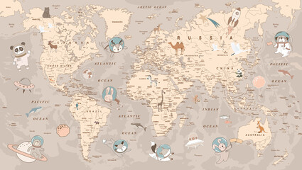 children's world map with astronauts, animals, planets for children's wallpapers and backgrounds and illustrations © Виталий Шарапов