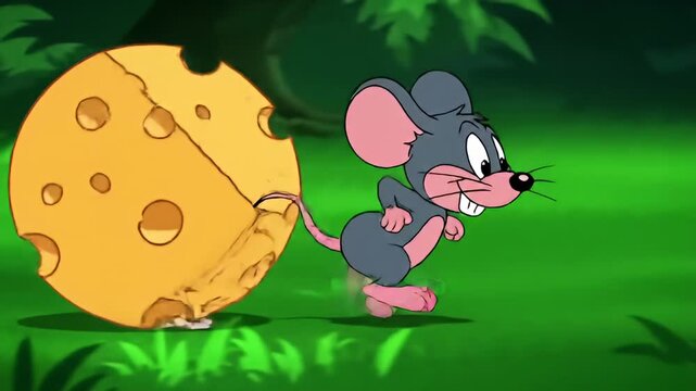 Cartoon mouse pushing round Swiss cheese through lush, green grass in an outdoor setting