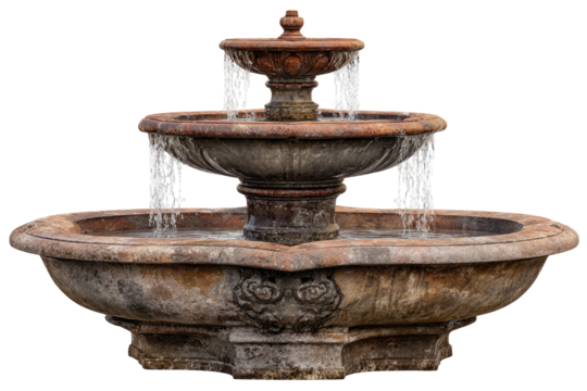 Ornate, three-tiered fountain, flowing water, terracotta-colored stone, classical design