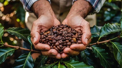 Close up of a farmer s hands holding freshly roasted coffee beans amidst lush green coffee plants