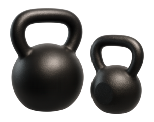 Two cast iron kettlebells of different sizes for fitness training.