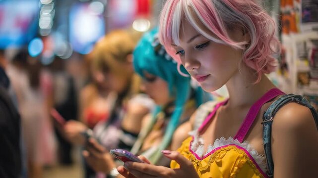 Close-up of a pink‑haired Japanese female cosplayer absorbed in her phone amid a bustling Tokyo arcade crowd