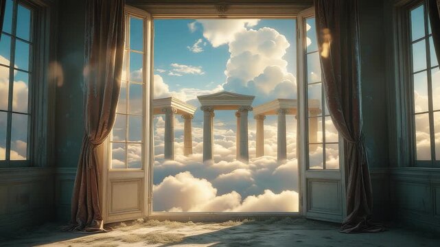 Open window view of majestic stone pillars floating among clouds under bright blue sky with sunlight creating surreal dreamlike scenery