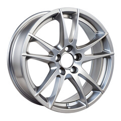 A single silver alloy car wheel with multiple spokes, isolated on a transparent background