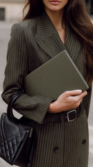 Obraz premium Woman in pinstripe suit holding folder and black handbag, confident and professional style