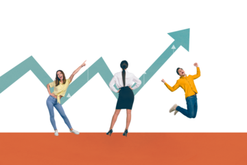 Trend artwork sketch composite collage of young businesswoman hold hands on body colleagues jump celebrate success arrow got up