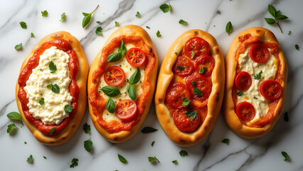Multiple calzones with golden crusts styled on marble countertop with herb garnish.
