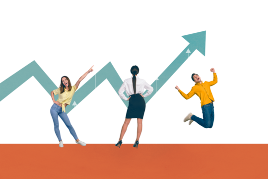 Trend artwork sketch composite collage of young businesswoman hold hands on body colleagues jump celebrate success arrow got up