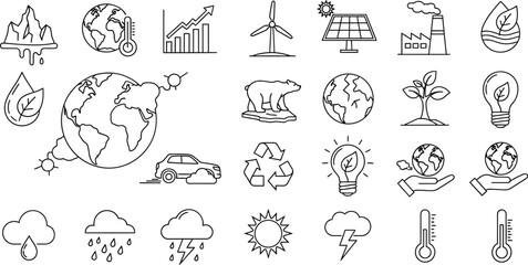 Collection of ecology and climate change icons in a simple line art style, representing environmental issues and solutions