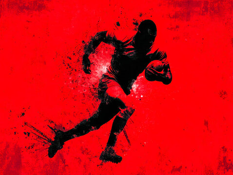Dynamic silhouette of an athlete running with a rugby ball against a vibrant red background - Powered by Adobe
