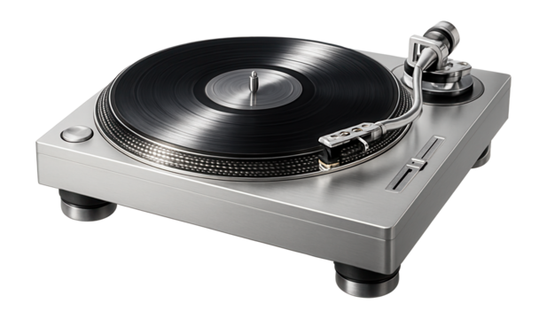 Silver turntable vinyl record player on.