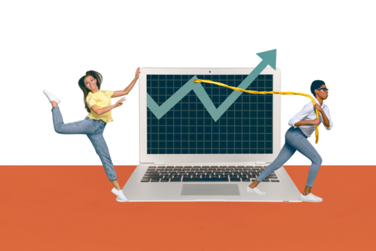 Sketch image artwork composite 3D photo collage of two lady colleagues pull push success project together stand on huge laptop stats up