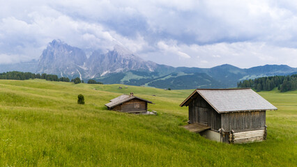 Sunrise Over Alpe di Siusi, Dolomites, Italy Meadows and Huts