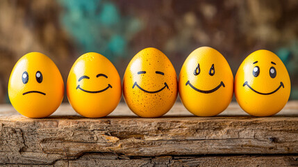 Five yellow eggs with different facial expressions, representing a range of emotions, arranged on a rustic wooden surface.