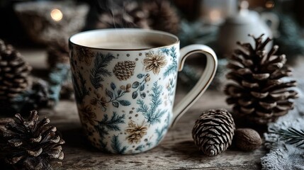 Fototapeta premium Mug mockup with hot steam, pinecones and rustic harvest decor in background 
