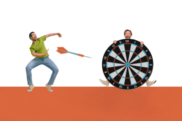 Trend artwork composite 3D photo collage of silhouette young guy threw dart to scary old senior cover body with poker wheel hold in hand