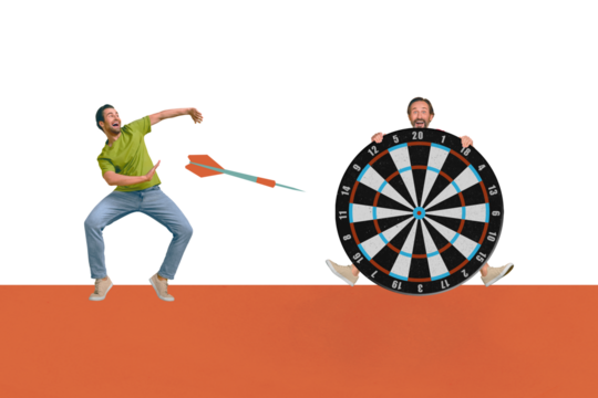 Trend artwork composite 3D photo collage of silhouette young guy threw dart to scary old senior cover body with poker wheel hold in hand