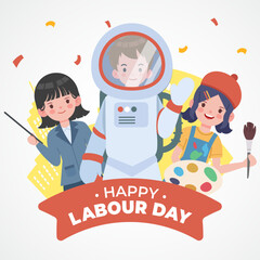 Happy Labour Day Vector Illustration with Cartoon Characters of Professions Vector set, Character set, anniversary day,ceremony , worker.