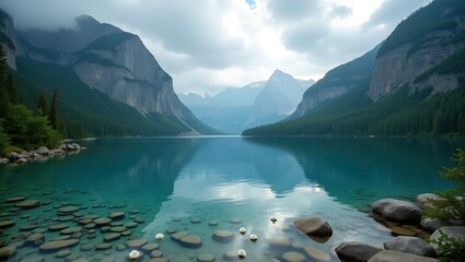 Breathtaking turquoise lake nestled between majestic mountains and dense evergreen forests under a dramatic cloudy sky