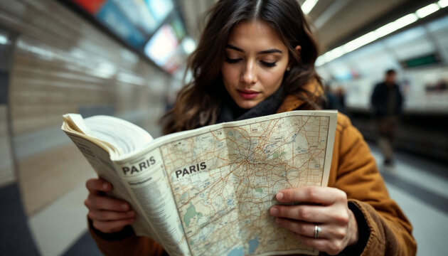 Close-up of tourist holding a map in Paris metro, focus on details.	