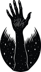 Reaching Hand from Starry Void Symbolic Illustration of Connection and the Unknown on white background