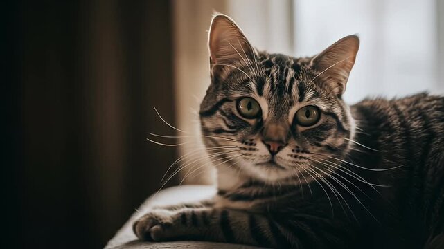 Striped tabby cat lying down, looking attentively, with focused eyes and keen ears