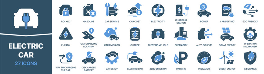 Electric car icon collection. This set features electric vehicles, charging stations, renewable energy, and battery solutions