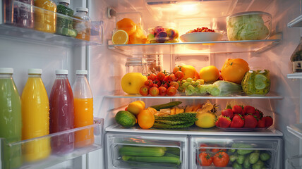 Refrigerator filled with fresh fruits vegetables and juices
