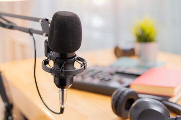 Close up of microphone in radio broadcast studio.