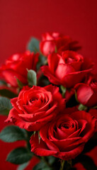 Close-up bouquet of red Valentine’s roses with rich red background.
