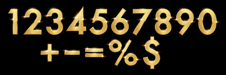 Golden 3d metal numbers and symbols. Set of anniversary gold font isolated on black background for promotion, party, holiday, postcard, banner. Realistic vector illustration.