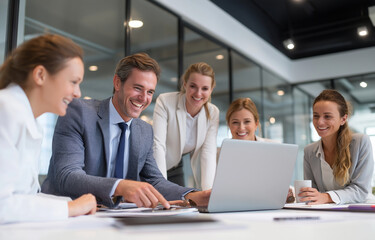 Naklejka premium A group of business people in an office setting, gathered around a laptop