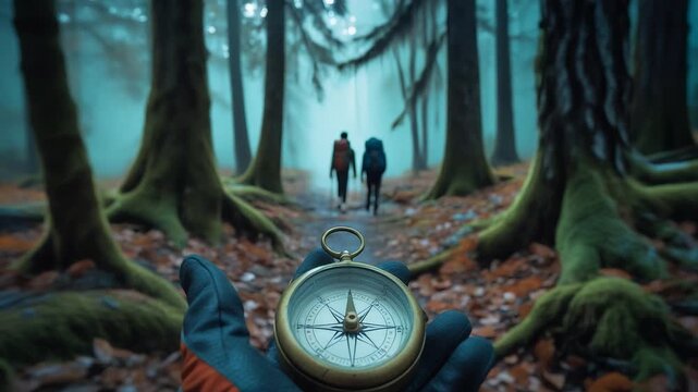 Close up of compass in gloved hand pointing forward on misty forest trail with two hikers walking among tall trees in autumn wilderness