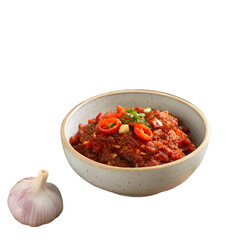 Spicy tomato chili sauce in bowl with garlic