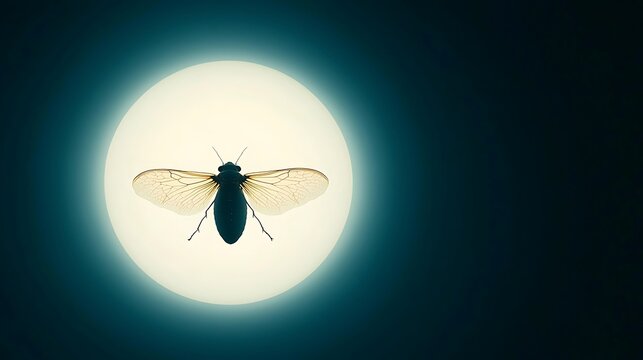 Close up of a fly with spread wings illuminated in an oval light