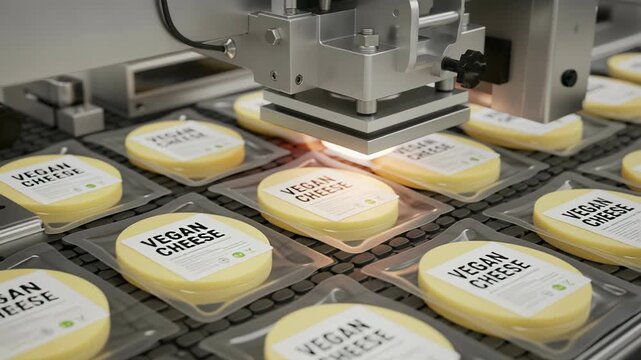 Vegan cheese packaging process with sealing machinery in action at vegan food facility.