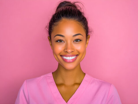 Radiant young woman in pink scrubs with a bright smile against a pink background - Powered by Adobe
