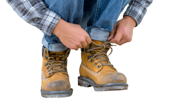 A worker adjusting their work boots, ensuring comfort before starting