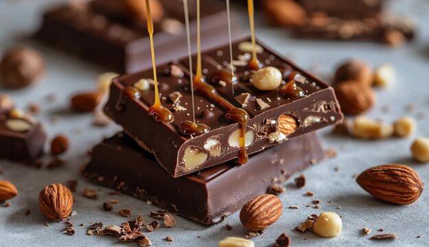 Chocolate bars with nuts and cookies and salted caramel