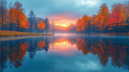 Naklejka premium A cozy autumn scene by a calm lake, with colorful trees reflecting in the water, the surrounding landscape bathed in the soft light of sunset, creating a warm and inviting atmosphere 