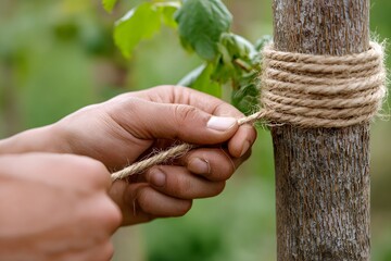 Hand securing biodegradable twine on a young tree support system Generative AI