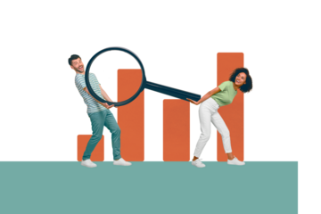 Photo cartoon sketch collage picture of smiling happy workers investigating business startup plan isolated graphical background