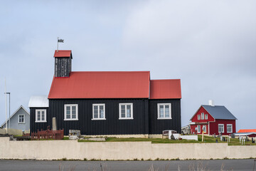 Kirkjuvogskirkja, a historic church dated in 1861 in the small village Hafnir on the Reykjanes Peninsula in iceland