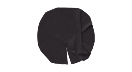 Black circle masking tape sticker with wrinkled edges, separate wrinkled round paper on transparent background.