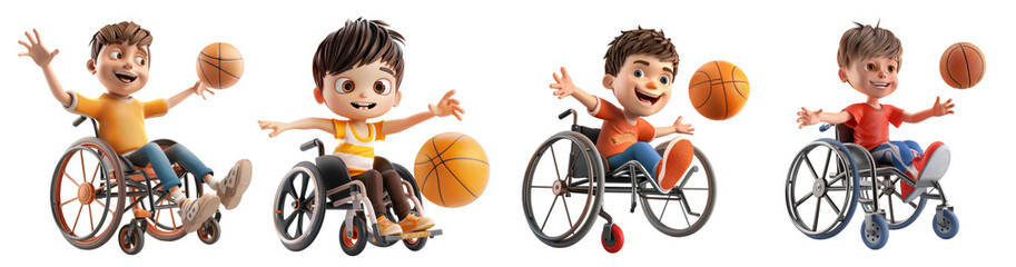 Collection of 3d render in cartoon style disabled basket players,  cut out, isolated on transparent background. 