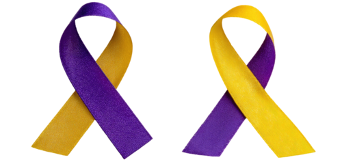 Two awareness ribbons, purple and gold, on a black background