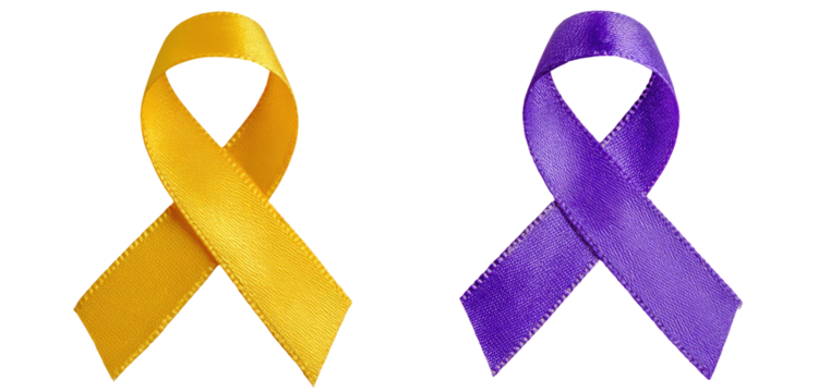 Two awareness ribbons, one gold/yellow, the other purple, on a black background