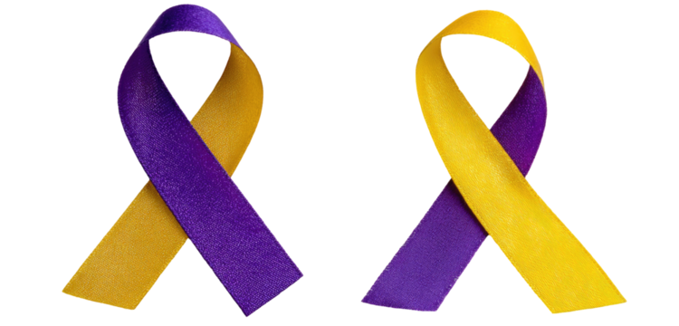 Two awareness ribbons, purple and gold, on a black background